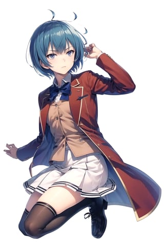 //Quality,
masterpiece, best quality
,//Character,
1girl, solo
,//Fashion,
,//Background,
white_background, simple_background
,//Others,
,1girl ibuki mio short hair blue hair,white skirt red jacket open jacket, full_body