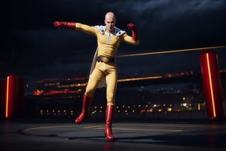 saitama, (photorealistic:1.25), one punch, 1boy, 25-year-old japanese man, ((bald)), (full body:1.52), highly detailed, from below:1.38, (white cape, red boots, red gloves), ((la la land dancing pose)),  muscular:1.45, masculine:1.13, outdoor,SAITAMA,Detailedface, correct_anatomy, cinematic lighting, dramatic, tilted view:1.23, correct belt, motiontrail:1.17