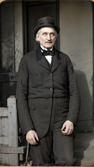 post-mortem photograph, 1man, solo, full_body, shallow depth of field, sharp focus, pale skin like of a dead body, standing ,  dark shadows, horror theme, a frail old man, mustache, (top hat):1.24, white hair, intricate victorian era men's clothing, (historical accuracy):1.25, background is in front of a Victorian house, (photorealistic, old photos' effect):1.27, whiteeyes,photo r3al,tintime