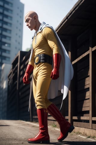 saitama, (photorealistic:1.25), one punch, 1boy, 25-year-old japanese man, ((bald)), (full body:1.52), highly detailed, from below:1.38, (white cape, red boots, red gloves), dynamic pose,  muscular:1.45, masculine:1.13, outdoor,SAITAMA,Detailedface, correct_anatomy, cinematic lighting, dramatic, side view