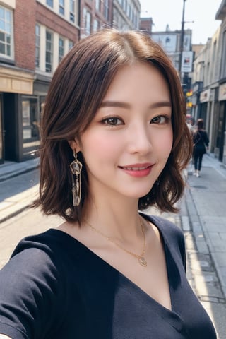 (photorealistic, masterpiece, best quality, highly detailed), ((1 beautiful business woman)), asian girl, large-sized breasts, beautiful face, beautiful eyes, smiling, medium-lengh light-brown bob hair, detailed face, detailed eyes, earrings, necklace, wearing short-sleeved ,dress, beautiful long legs, realistic detailed skin texture, detailed hair, walking on a street, 8k resolution, close-up portrait, sharp-focus