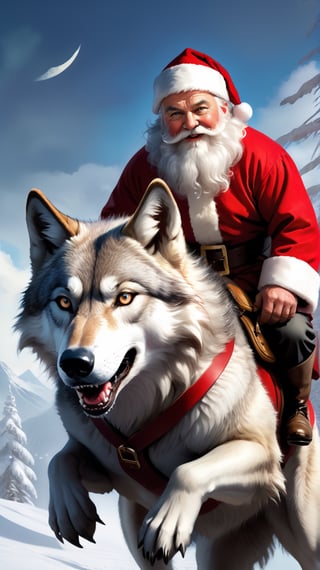 Santa Claus riding a giant wolf, big bag, fantasy, high quality, high detail, 32k ,masterpiece