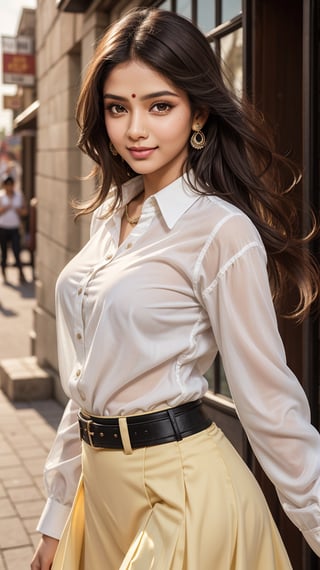 dancer Monica, Indian beauty, young, (glamour:1.3), 
from front, looking at the viewer, full_body, cowboy_shot, skirt, shirt, long sleeves, white shirt,
detailed eyes, glowing skin, dynamic pose, tantalizing glimpse, sweet smile, hyperdetailed face, shallow depth of field photography