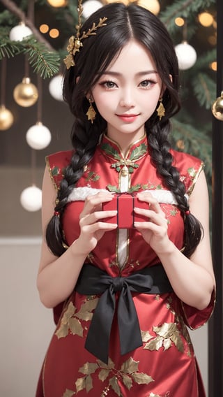Jiaying, two graceful braids, bright black eyes, sly smile
, wearing a red traditional oriental costume with a black bel, fit
, cute, mysterious
, her hands hold a big gift
,  (shallow depth of field photography,  looking at viewer, christmas atmosphere)
, (perfect fingers:1.5)