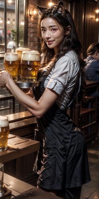 werewolf waitress with wolf ears, , clad in a traditional apron and carrying a tray of frothy beer mugs, music restaurant background , shallow depth of field photography, detailed eyes, charming smile, , leaning back, yeonyuromi