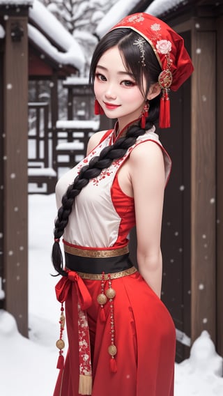 Jiaying, two graceful braids, bright black eyes, sly smile
, wearing a red traditional oriental costume with a black bel, fit
, cute, mysterious
, arms behind back
,  (shallow depth of field photography,  looking at viewer, snow background)
, (perfect fingers:1.1)