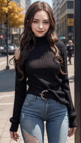 vampire Venita, fantasy, ((13 year old)), Romanian girls, 
((cowshot)), looking at the viewer, smile, long black curly hair, skin as fair as jade, hyperdetailed face,
4K, 8K, (((shallow depth of field photography))), waist and hips,
Juniors' Rib-Knit Half-Zip Sweater, High-Rise Jeans