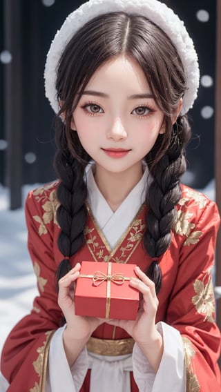 Jiaying, two graceful braids, bright black eyes, sly smile
, wearing a red traditional oriental costume with a black bel, fit
, cute, mysterious
, her hands hold a big gift
,  (shallow depth of field photography,  looking at viewer, snow background)
, (perfect fingers:1.1)