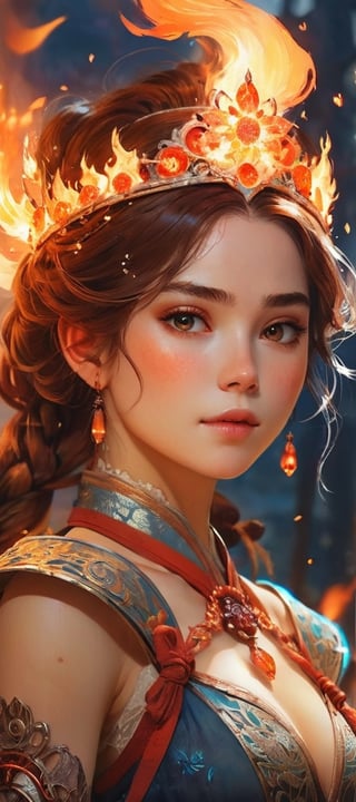 "Portrait of a beautiful fire princess!!! sparks!! fire!!", insanely detailed and intricate digital illustration by Yana Toboso, Ismail Inceoglu, Hayao Miyazaki, M.W. Kaluta and Yoshitaka Amano, a masterpiece, close-up, 8k resolution, trending on artstation, delicate, watercolor, soft