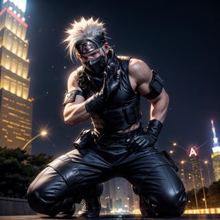 (masterpiece), full body, 1man, spiky hair, white hair, wearing tight tactical ninja flak jacket, leather tactical ninja full mouth mask, leather gloves, and his (((tactical headband with a letter ("A") symbol))), scenery, (at Taipei 101 background), sparkle, Kakashi Hatake,PachaMeme,DrakePostingMeme