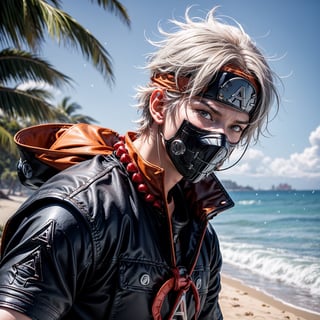 (masterpiece), full_body, 1man, spiky hair, white hair, wearing tight tactical ninja flak jacket, leather tactical ninja full mouth mask, leather gloves, and his (((tactical headband with a letter ("A") symbol))), scenery, (at beach background), sparkle, Kakashi Hatake, combine with one piece portgas d ace,portgas d. ace