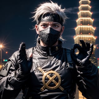 (masterpiece), full body, 1man, spiky hair, white hair, wearing tight tactical ninja flak jacket, leather tactical ninja full mouth mask, leather gloves, and his (((tactical headband with a letter ("A") symbol))), scenery, (at Taipei 101 background), sparkle, Kakashi Hatake,PachaMeme