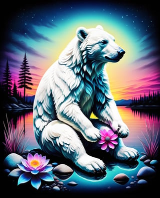 white bear with a flower in his paws , vintage, centered, bright, detailed, lake, ((beach house in the background)), detailed neon outline, dark background, Space_In_Shell