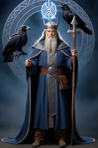 Odin is depicted as an old man with long gray hair and a beard, wearing a robe with runic symbols.  There is a crown on his head, two ravens sit on his shoulder, and a faithful horse stands next to him.  In his hand is a spear that always hits the target, and on his head is a magic helmet that gives invisibility.