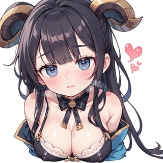 anime,  full body, big boobies, big breast, (masterpiece, best quality, highres:1.1), ultra resolution image, black hair, long hair, blush, (masterpiece, top quality, best quality, beautiful and aesthetic:1.2 ), extreme detailed, highest detailed, 1 girl,  cleavage, heart in eye, huge breasts, pleated-skirt, bra,Sexy Big Breast, horn outfit, Sheep's horn outfit, white background, in white space,YAMATO