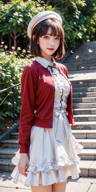 masterpiece, best quality, highres, aamegumi, short hair, beret, white headwear, neck ribbon, frills, white dress, red cardigan, open clothes, long sleeves, white bow, , standing, cowboy shot, outdoors, smile, petals,Bomi