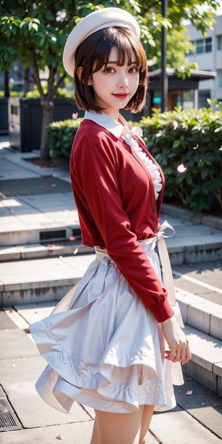 masterpiece, best quality, highres, aamegumi, short hair, beret, white headwear, neck ribbon, frills, white dress, red cardigan, open clothes, long sleeves, white bow, , standing, cowboy shot, outdoors, smile, petals,