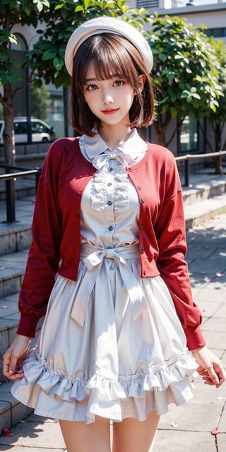 masterpiece, best quality, highres, aamegumi, short hair, beret, white headwear, neck ribbon, frills, white dress, red cardigan, open clothes, long sleeves, white bow, , standing, cowboy shot, outdoors, smile, petals,Bomi