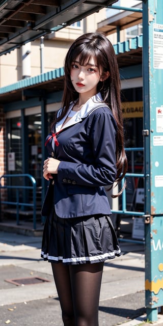 masterpiece, best quality, highres, aautaha, long hair, black hair, hairband, school uniform, sailor collar, blue blazer, long sleeves, pleated skirt, blue skirt, black pantyhose, , standing, cowboy shot, outdoors,cowboy shot:1.3,Bomi