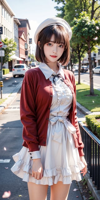 masterpiece, best quality, highres, aamegumi, short hair, beret, white headwear, neck ribbon, frills, white dress, red cardigan, open clothes, long sleeves, white bow, , standing, cowboy shot, outdoors, smile, petals,Bomi