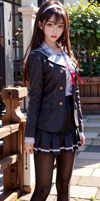 masterpiece, best quality, highres, aautaha, long hair, black hair, hairband, school uniform, sailor collar, blue blazer, long sleeves, pleated skirt, blue skirt, black pantyhose, , standing, cowboy shot, outdoors,cowboy shot:1.3,Bomi