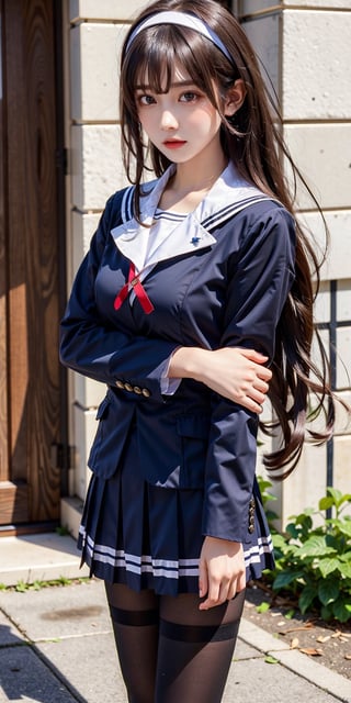 masterpiece, best quality, highres, aautaha, long hair, black hair, hairband, school uniform, sailor collar, blue blazer, long sleeves, pleated skirt, blue skirt, black pantyhose, , standing, cowboy shot, outdoors,cowboy shot:1.3,Bomi