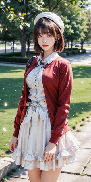 masterpiece, best quality, highres, aamegumi, short hair, beret, white headwear, neck ribbon, frills, white dress, red cardigan, open clothes, long sleeves, white bow, , standing, cowboy shot, outdoors, smile, petals,Bomi