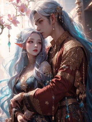 (((MALE-FEMALE_COUPLE:1.5))) Insanely cinematic filigree half body photography of a mystic pale couple, detailed male-female_couple, hyperdetailed perfect face, long white_hair, detailed perfect_eyes, silver_ornated_fantasy_robe:: SILVER_concept intricate and hyperdetailed painting by Huang Guangjian Eve Ventrue Simon Goinard Ismail Inceoglu Dan Witz CGSociety ZBrush Central fantasy art album cover art 4K 64 megapixels 32K resolution HDR perfect, beauty, FANTASY CONCEPT ART:: Gorgeous picture, pale male, noble LORD, SILVER CONCEPT, detailed, hyperintricately, wondeful, breathtaking 3/4 body portrait, lashes hyperdetailed painting by Ismail Inceoglu Huang Guangjian and Dan Witz CGSociety ZBrush Central fantasy art album cover art 4K 64 megapixels 8K resolution HDR, , Magical ambience, 32k resolution concept art by Greg Rutkowski, Artgerm, WLOP, Huang Guangjian, Bella Kotaki, Anna Dittmann,outfit-km,1 girl,elf,hand on another's shoulder