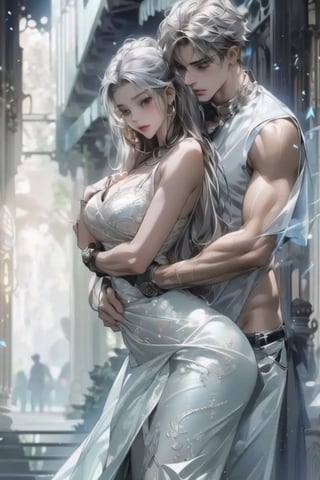 ((masterpiece)), ((the best quality)), (ultra-detailed), ((extremely detailed)), 4K, (8K), ((WHITE COUPLE)) half body portrait of a seductive ((LONG WHITE HAIR:_1.3)) princesse secucting a ((LONG_WHITE_HAIR_ male:1.4)) sorcerer, hyperdetailed LONG white hair, ((detailed_wishful_passionate_face:1.2)), detailed perfect symmetric  gorgeous silver eyes,  ((minimal_white_silk_dress:1.3)), seductive pose, attractive hot LOVERS sexy seductive pose,  realistic, masterpiece, highest quality, lens flare, shade,  by Amano Yoshitaka, Madhouse studio style, digital painting,   Niji New Default,  MANHUA style by AMANO YOSHITAKA, Zhang Xiaobai, Xia Da, pixiv, Ava Nam Co, masterpiece, high quality, delicate, ,midjourney portrait,kaede