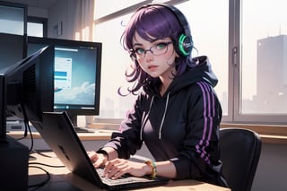 Name: Pi-xyz Webb
Skin: Fair.
Hair: Long and wavy, adorned with golden highlights.
Hairstyle: Short, purple hair.
Attire: Sexy black hoodie, tight green leggings, sporty shoes, headphones on her head, sportswear, glasses.
Powers: She is a nerd with a cybernetic bracelet on her right arm, allowing her to hack into any computer.
Eyes: Green.
Colors: Green, Purple, and Black.
Gender: 1 Girl, Beautiful, 16 years old.
Quality: Detailed sketch.
Style: Cyberpunk.
Scene: (((Pi-xyz is in a computer room studying for a computer exam, he is looking at his computer))).