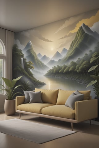 Scandinavian style living room with a cozy sofa and tropical plant decorations,floor lamps casting warm light illuminating the space. A stunning relief wall painting on the living room backdrop depicting rolling mountains bathed in yellow lighting,creating a dreamy forest ambiance. Flowing rivers,ethereal clouds,and vast skies compose the main elements of the mural. This artwork showcases detailed structures and smooth curves,rendered in high resolution for ultimate detail,hyper-realistic,8K ultra-high quality. The entire piece exudes surrealism,representing the pinnacle of quality craftsmanship with volumetric lighting effects that are breathtaking.,