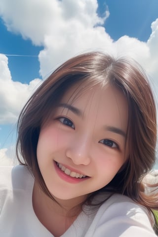 (1girl:1.2), (big smile), beautiful face, Amazing face and eyes, long silky brown hair, wearing white t shirt, delicate, (Best Quality:1.4), (Ultra-detailed), (extremely detailed beautiful face), cute smile, brown eyes, (highly detailed Beautiful face), (summer high school uniform:1.2), (extremely detailed CG unified 8k wallpaper), Highly detailed, High-definition raw color photos, Professional Photography, Realistic portrait, Extremely high resolution, smiling, (Clouds all over the sky, cloudy sky, lots of clouds:1.5), (cloudy day:1.5), half figure,shiho