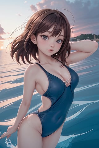 "A carefree woman in a stylish one-piece swimsuit leaps through the air, her silhouette framed by a dramatic sunset over the ocean. The vibrant colors of the sky blend seamlessly with the deep blue of the water, creating a mesmerizing backdrop for her joyful expression.", [:"Neutral facade, with lips comfortably parted. Eyes softly squinted, hinting at a concealed sensuality. Cheeks subtly colored.":0.3], Visually appealing composition, vibrant colors, soft lighting, interesting textures, unique perspective, sense of depth, balanced negative space.,mikas