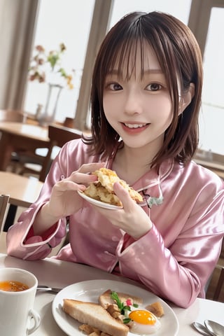 A young Japanese woman wearing silk pajamas is eating breakfast in a bright dining room bathed in the morning sun. Her face lights up as she turns towards me with a smile and greets me in the morning.
mikas