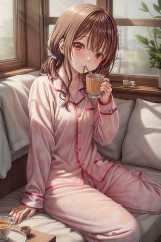 mikas
"Woman, flannel pajamas, fuzzy slippers, sipping tea by window, morning sunlight, peaceful expression."

