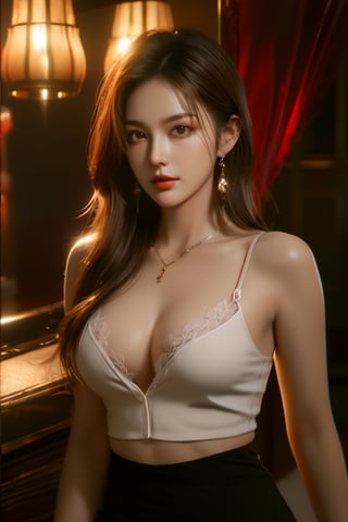 masterpiece,Best Quality,photorealistic,ultra-detailed,finely detail,high resolution,8K wallpaper,1 beautiful woman,full body,standing in the bedroom,high heels,earrings,necklace,smiling happily,light-brown messy long hair,in an oversized white collared shirt,unbuttoned,showing part of her lace bra and lace underpants,sharp-focus,large-sized breasts,perfect dynamic composition,beautiful detailed eyes,detailed hair,very long  legs,full body,detailed realistic skin texture,a cover of a fashion magazine,professional photography,xxmix_girl