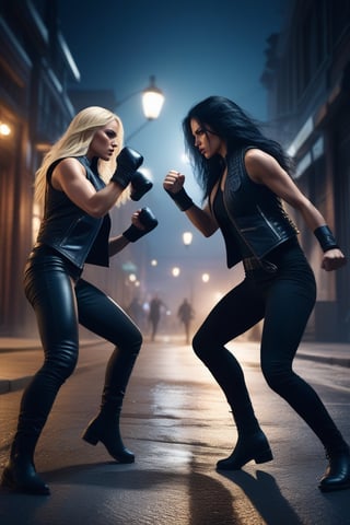 Create 2 beautiful and cold modern female killers, fighting each other using fists and feet on the street at night, intricate details, dramatic lighting, surrealism, photorealism, film, 8k, Unreal Engine, rich details, (one wearing vest, long black hair), (one with blond hair),