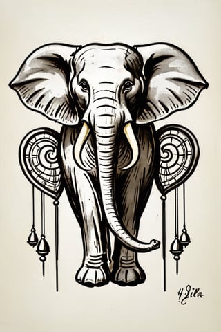 Create an image of a mascot that draws inspiration from a biomechanical elephant, featuring a fusion of organic and metallic components, emit mesmerizing fractal designs. Bright background, Elegant, sophisticated, intricate line work, ornate details, muted color scheme. Art and mathematics fusion, hyper detailed, trending at artstation, sharp focus, studio photography, intricate detail, highly detailed, centered, perfect symmetrical, plain design,tshirt design,8k,high_resolution,ZilleAI