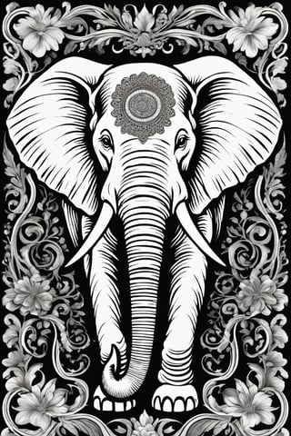 Create an image of a mascot that draws inspiration from a biomechanical elephant, featuring a fusion of organic and metallic components, emit mesmerizing fractal designs. Bright background, Elegant, sophisticated, intricate line work, ornate details, muted color scheme. Art and mathematics fusion, hyper detailed, trending at artstation, sharp focus, studio photography, intricate detail, highly detailed, centered, perfect symmetrical, plain design,tshirt design,8k,high_resolution,Coloring Book