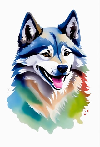 a  cute wolfdog , smiling,watercolor, white background,(full_body:1.9)