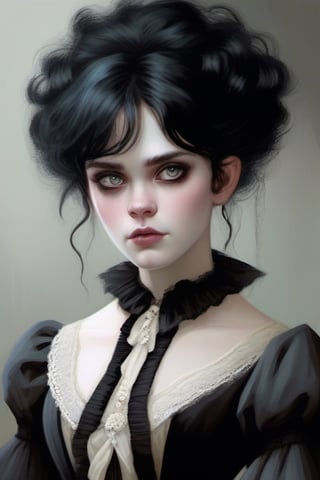Tall victorian beautiful young female, short fluffy messy black hair, pale skin, inhumane eyes, long blouse, monster,more detail XL,monster