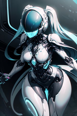 (masterpiece, best quality, volumetric lighting, absurdres, 8k, chiaroscuro lighting, Saturated_colors, intricately_detailed), robot, (twintails, faceless, 1_girl, neotech, cyan_neon_trim, slick, helmet_with_blue_visor, white_metal_body), yareli, 