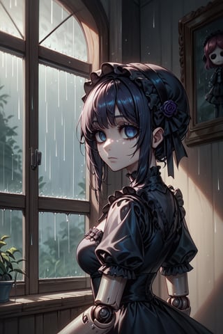 Score_9, Score_8_up, Score_7_up,volumetric_lighting, chiaroscuro_lighting, 1_girl, portrait, gothic_lolita, (doll_joints, empty_eyes, expressionless, yandere), dark_room_scenery, rain_behind_window, 