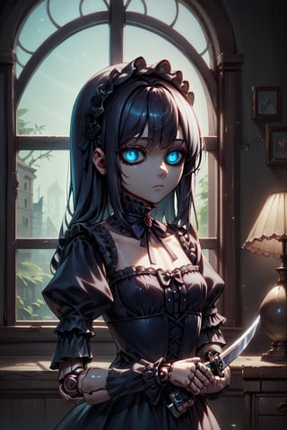 Score_9, Score_8_up, Score_7_up,volumetric_lighting, chiaroscuro_lighting, 1_girl, portrait, gothic_lolita, (doll_joints, empty_eyes, expressionless), dark_room_scenery, night_behind_window, holding_a_knife, looking_at_viewer, petite