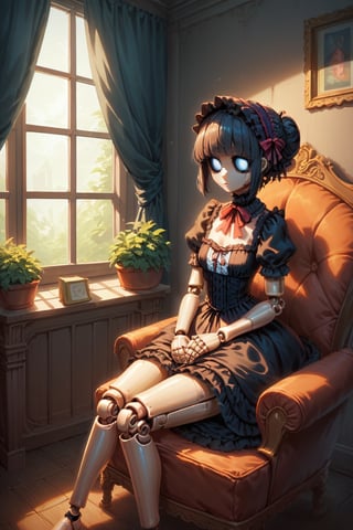 Score_9, Score_8_up, Score_7_up, volumetric_lighting, chiaroscuro_lighting, portrait, 1girl, gothic_lolita, doll_joints, expresionless, stylized_empty_eyes, dark_room_scenery, petite, sitting_in_armchair