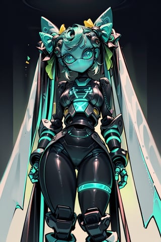 (masterpiece, best quality, volumetric lighting, absurdres, 8k, chiaroscuro lighting, Saturated_colors), (smooth_robot_body,  dress, wide_hips, cyan_neon_trim, 1_girl, sharp, drossel, blush, bright_solid_cyan_eyes, sci-fi, hairbow),(((vibrant_bioluminescent_twintails))), ((efx))