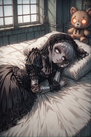 Score_9, Score_8_up, Score_7_up, volumetric_lighting, chiaroscuro_lighting, portrait, 1girl, gothic_lolita, doll_joints, expresionless, stylized_empty_eyes, dark_room_scenery, petite, laying_on_coach, petite