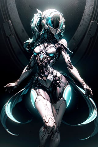 (masterpiece, best quality, volumetric lighting, absurdres, 8k, chiaroscuro lighting, Saturated_colors, intricately_detailed, neotech), (1_girl, white_metal_body, long_twintails, faceless, wide_hips, tail, cyan_neon_trim, helmet_with_blue_visor, slick), yareli