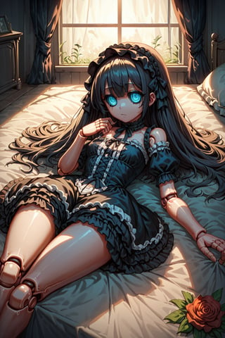 Score_9, Score_8_up, Score_7_up, volumetric_lighting, chiaroscuro_lighting, portrait, 1girl, gothic_lolita, doll_joints, expresionless, stylized_empty_eyes, dark_room_scenery, petite, laying_on_coach