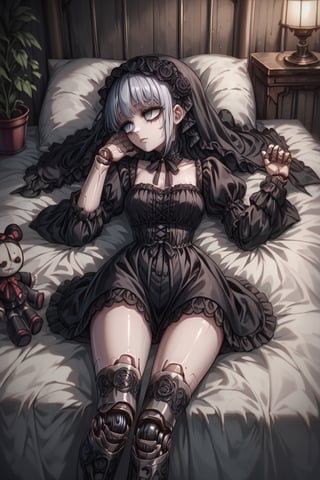 Score_9, Score_8_up, Score_7_up, volumetric_lighting, chiaroscuro_lighting, portrait, 1girl, gothic_lolita, (doll_joints), expresionless, stylized_empty_eyes, dark_room_scenery, laying_on_coach